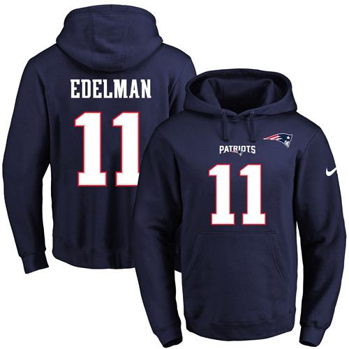 Nike Patriots #11 Julian Edelman Navy Blue Name & Number Pullover NFL Hoodie - Click Image to Close